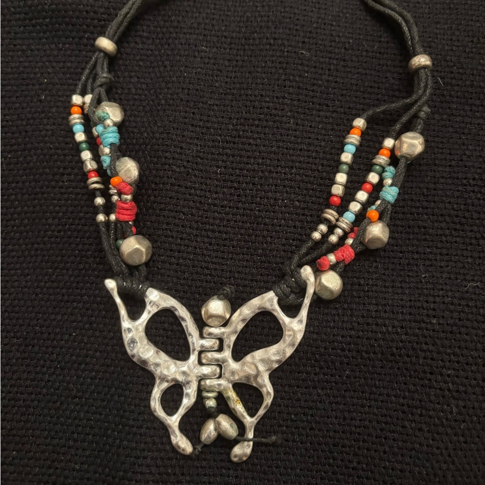 Silver Butterfly Pendant Necklace with Beads